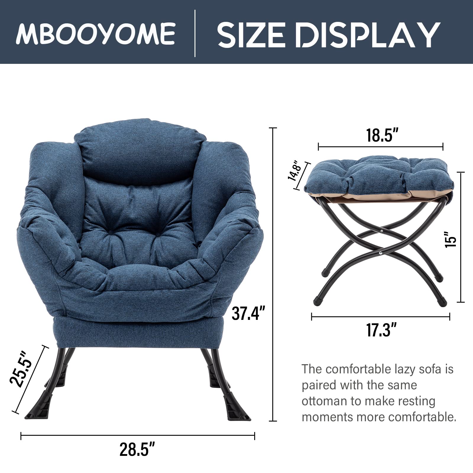 MBOOYOME Lazy Chair with Ottoman, Modern Soft Reading Chair Accent Contemporary Lounge Leisure Sofa Chair with Armrests and a Side Pocket for Living Room, Bedroom, Dorm & Office, Dark Blue