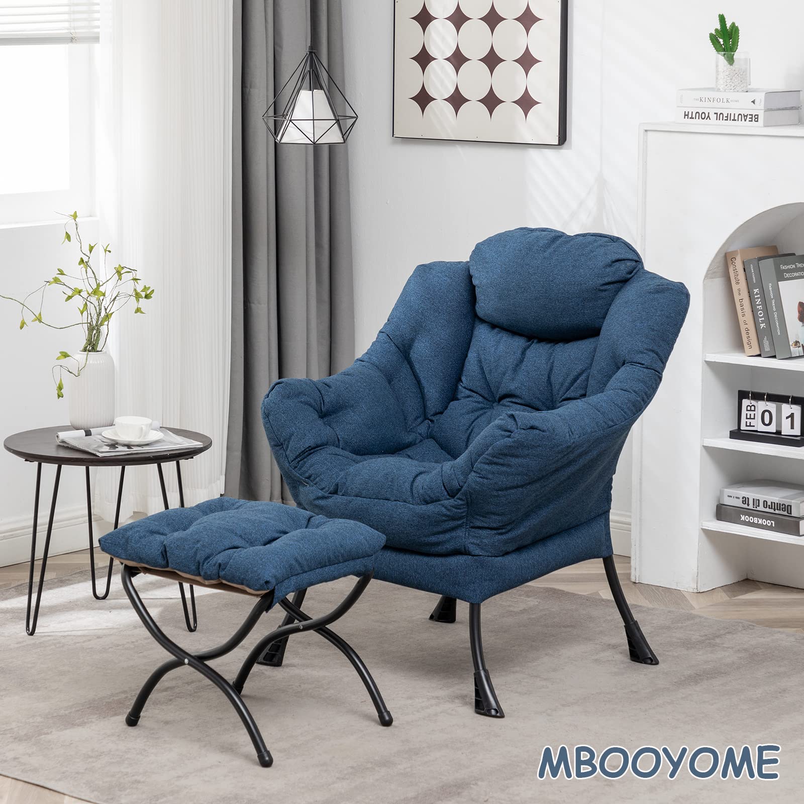 MBOOYOME Lazy Chair with Ottoman, Modern Soft Reading Chair Accent Contemporary Lounge Leisure Sofa Chair with Armrests and a Side Pocket for Living Room, Bedroom, Dorm & Office, Dark Blue