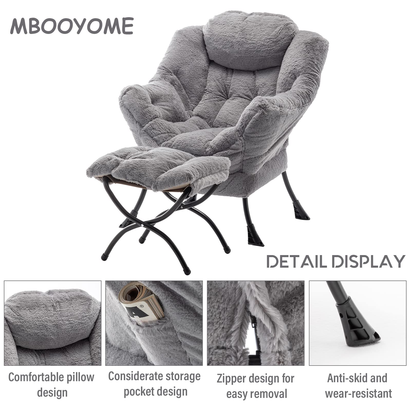 MBOOYOME Lazy Chair with Ottoman, Modern Soft Reading Chair Accent Contemporary Lounge Leisure Sofa Chair with Armrests and a Side Pocket for Living Room, Bedroom, Dorm & Office, Plush Grey