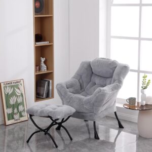 MBOOYOME Lazy Chair with Ottoman, Modern Soft Reading Chair Accent Contemporary Lounge Leisure Sofa Chair with Armrests and a Side Pocket for Living Room, Bedroom, Dorm & Office, Plush Grey