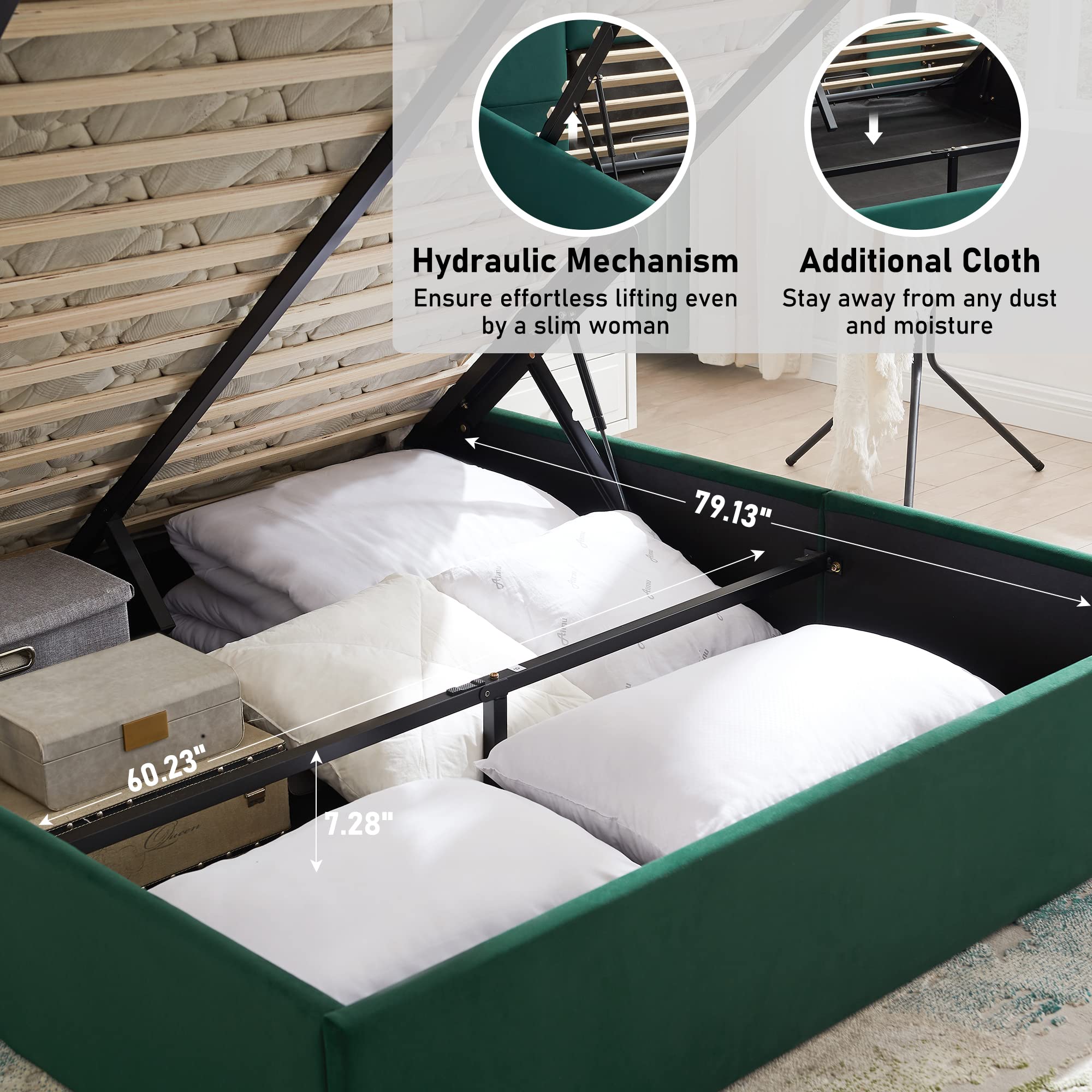 Zanmintaobo Lift Up Storage Bed Queen Size, Upholstered Platform Bed with Hydraulic Storage System & Wood Slats Support, Queen Bed Frame with Headboard, No Box Spring Needed, Easy Assembly, Green