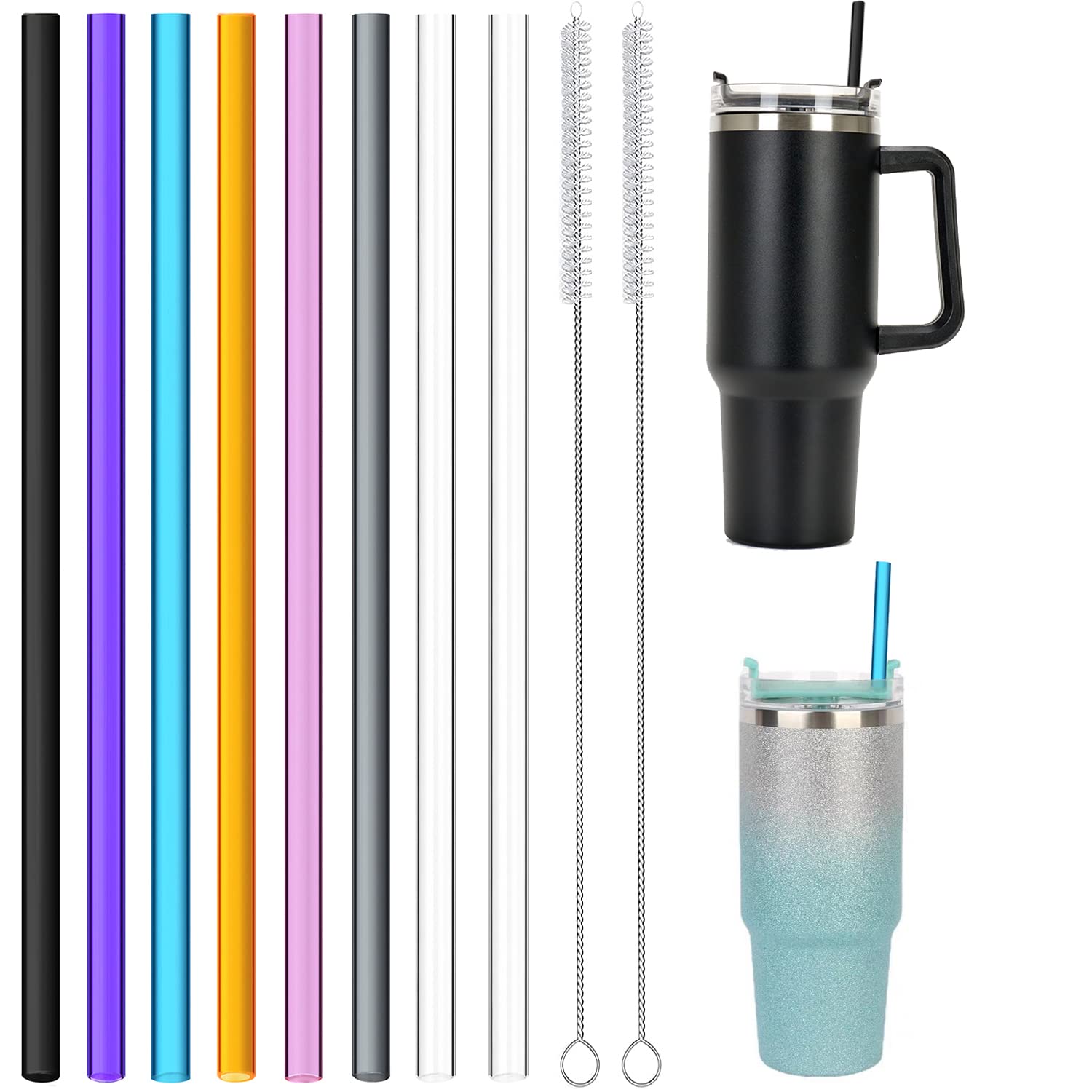 8 Pack Replacement Straws for 40 oz Stanley Adventure Travel Tumbler Cup, Reusable Straws Colored Plastic Straws with Cleaning Brush, Compatible with 40oz 30oz 20oz 14oz Stanley Water Jug, 12inch