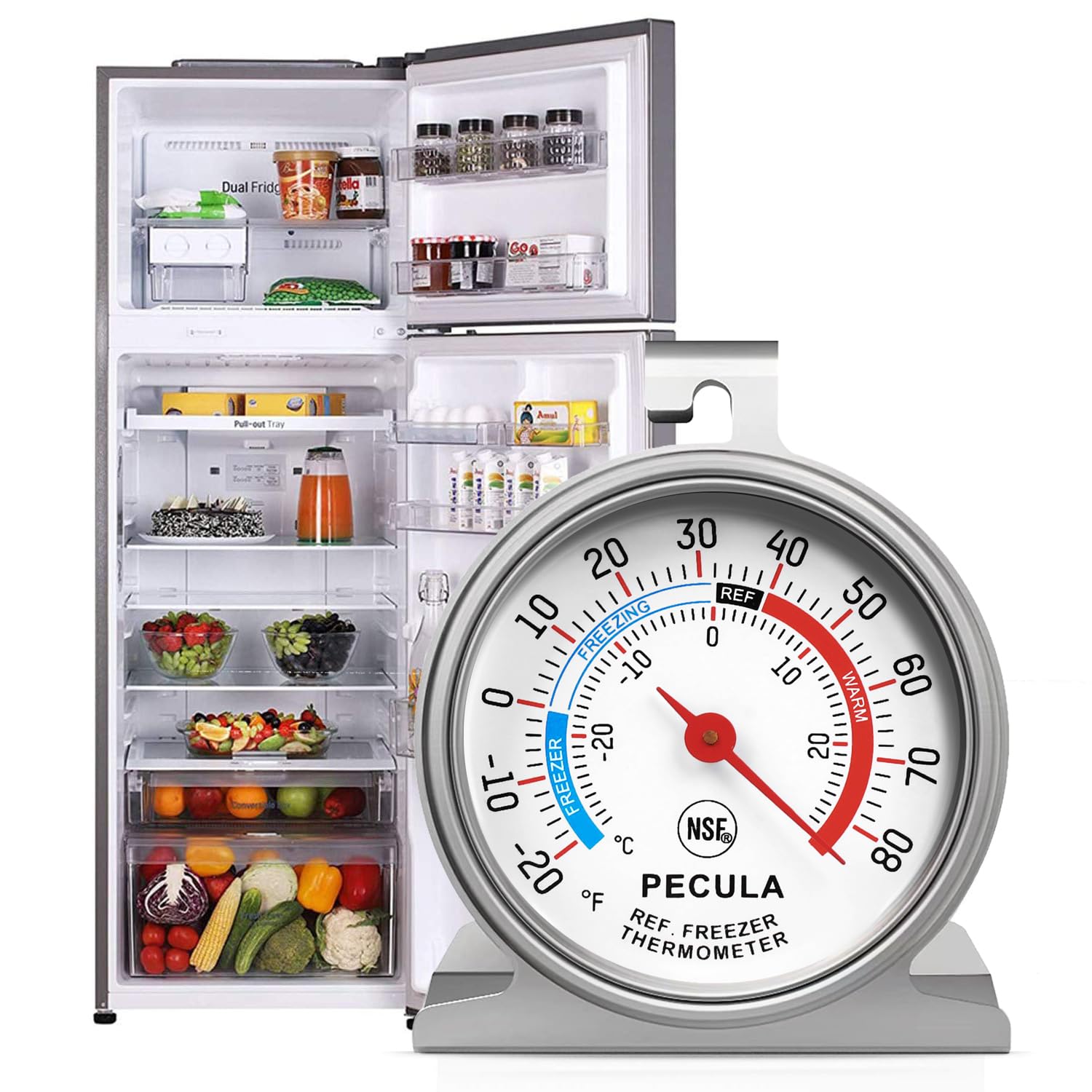 PECULA Refrigerator Thermometer Large Dial, Freezer Thermometer -30-30 Deg ℃/-20-80 Deg ℉, Fridge Thermometer by Stainless Steel, Thermometer for Fridge Suitable for Refrigerators and Freezers