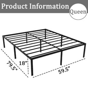 caziwhave Bed Frame Queen Size 18 Inch High Max 3500 lbs Heavy Duty Metal Mattress Foundation Platform Sturdy Steel Slat Support Queen Bed Frames No Box Spring Needed Easy to Assembly