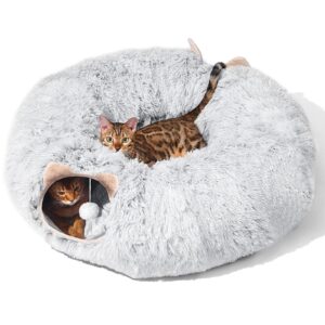 Cat Tunnel with Cat Bed for Indoor Cats, Soft Plush Peekaboo Cat Cave Donut Tunnel, Multifunctional Cat Playground Toys Hideplace for Small Medium Large Cats, Kittens, Rabbit, Ferret (Grey)