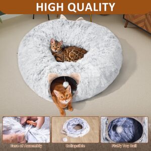 Cat Tunnel with Cat Bed for Indoor Cats, Soft Plush Peekaboo Cat Cave Donut Tunnel, Multifunctional Cat Playground Toys Hideplace for Small Medium Large Cats, Kittens, Rabbit, Ferret (Grey)