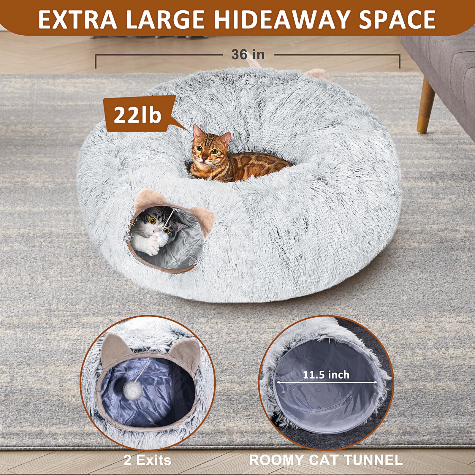 Cat Tunnel with Cat Bed for Indoor Cats, Soft Plush Peekaboo Cat Cave Donut Tunnel, Multifunctional Cat Playground Toys Hideplace for Small Medium Large Cats, Kittens, Rabbit, Ferret (Grey)