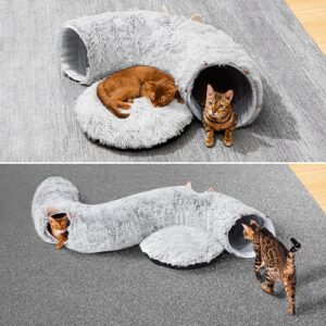 Cat Tunnel with Cat Bed for Indoor Cats, Soft Plush Peekaboo Cat Cave Donut Tunnel, Multifunctional Cat Playground Toys Hideplace for Small Medium Large Cats, Kittens, Rabbit, Ferret (Grey)