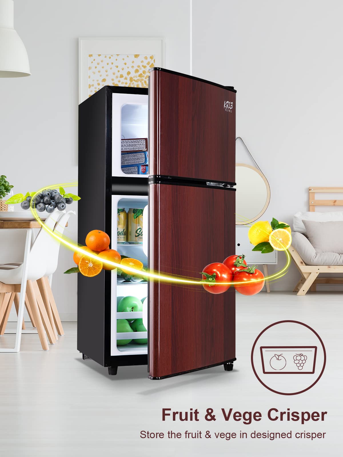 KRIB BLING 3.5 Cu.Ft Refrigerator 2 Door 7 Level Adjustable Thermostat Control Top-Freezer Refrigerator Lock Fresh Energy Saving Wood