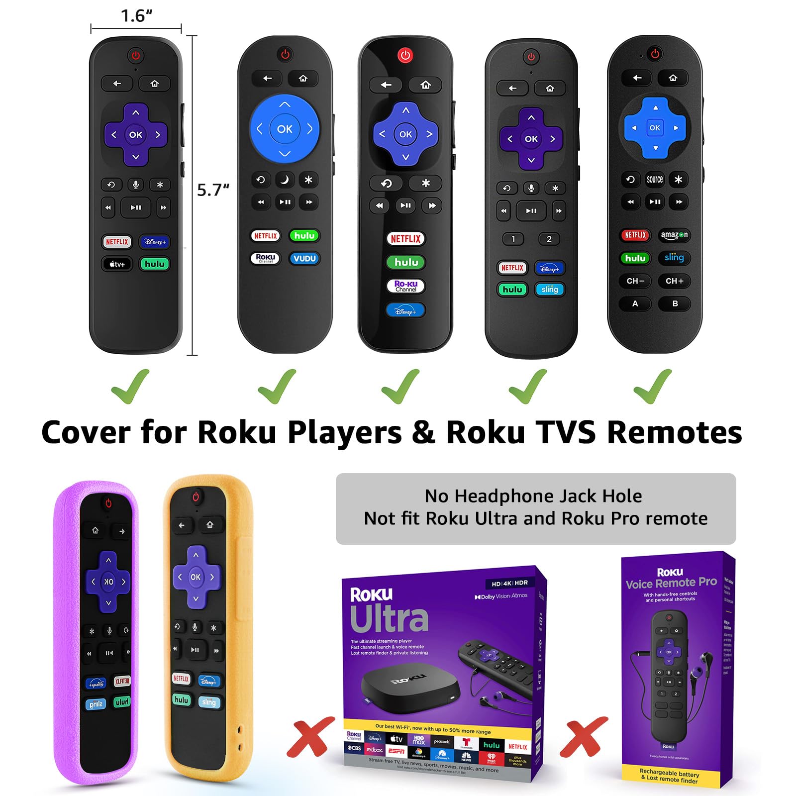 SOTATOO (3 Pack) Remote Cover for Roku, Remote Case Compatible with Roku Voice Remote Official, Silicone Universal Protective Controller Sleeve Glow in The Dark Purple Orange White with Lanyards