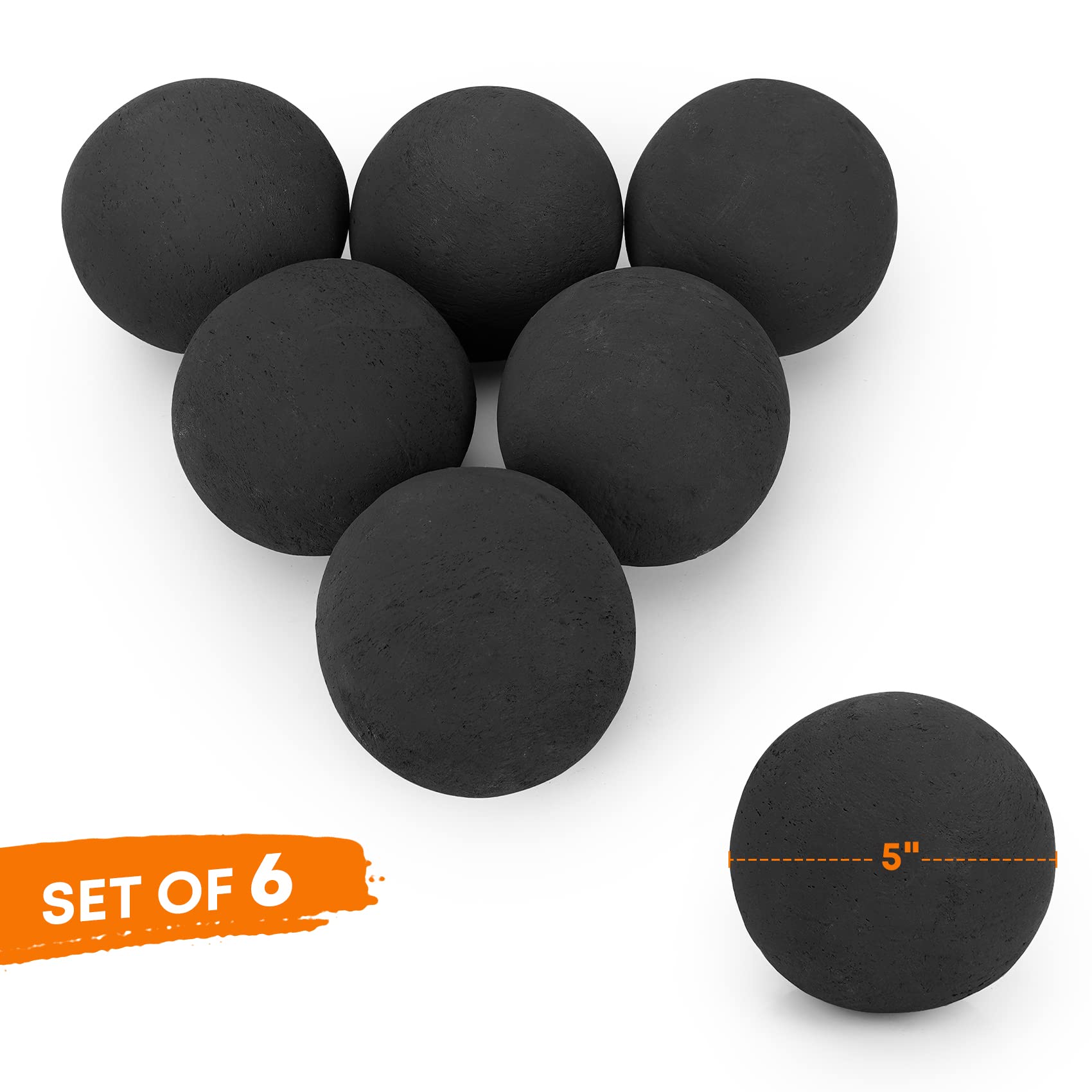 Stanbroil Ceramic Fire Balls - 5” Round Fire Stones for Fire Pit Fire Bowl and Fireplace - Set of 6, Black