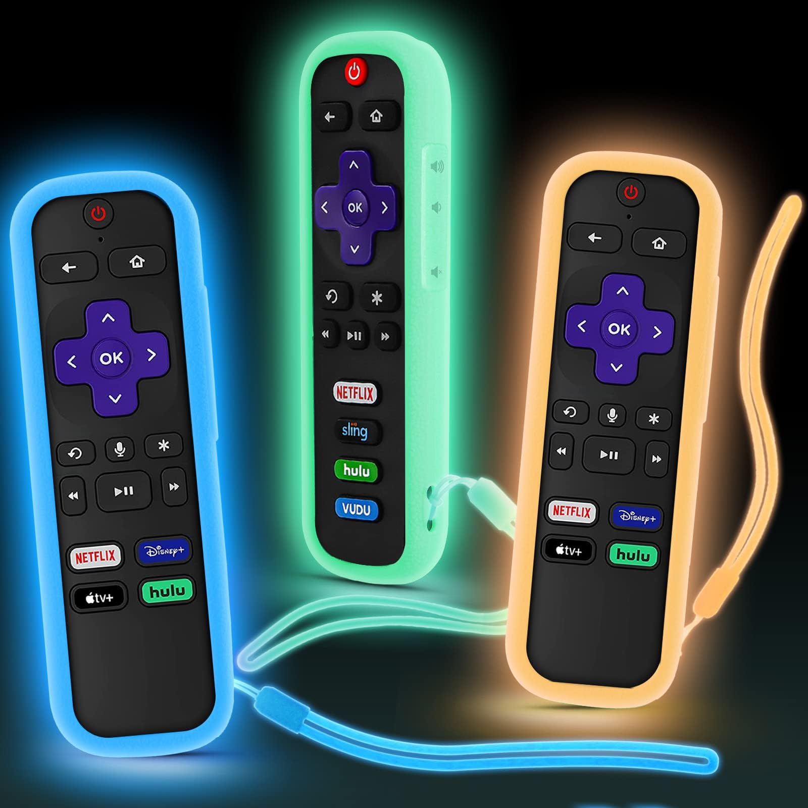 SOTATOO (3 Pack) Case for Roku Remote, Cover for Hisense/TCL Roku TV Steaming Stick/Express, Silicone Universal Protective Controller Sleeve Skin Glow in The Dark Blue Orange Green with Lanyards