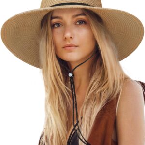 Womens Sun Hat Wide Brim Foldable Beach Hats for Women UV Protection Summer Straw Hat with Wind Lanyard Khaki