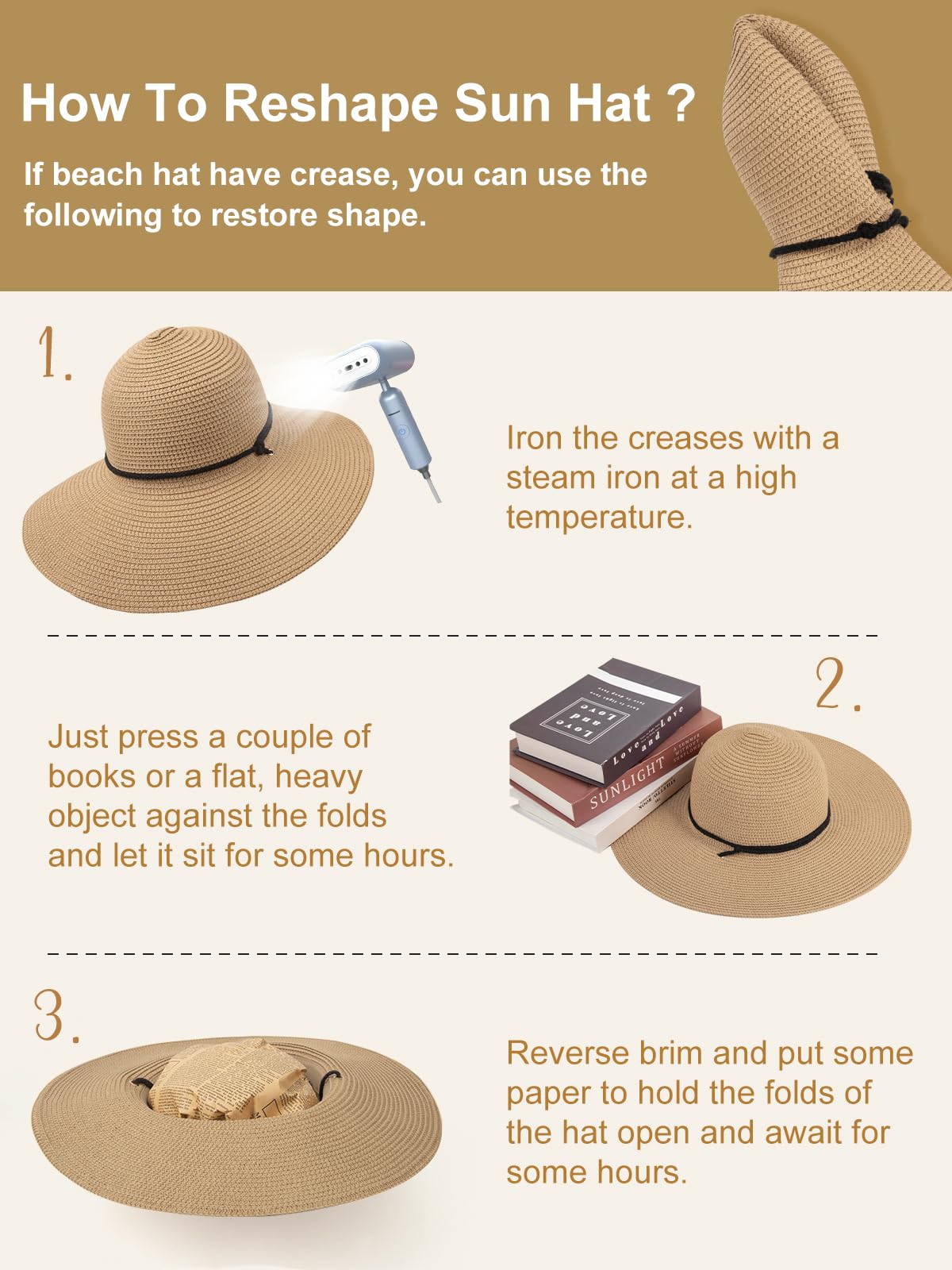 Womens Sun Hat Wide Brim Foldable Beach Hats for Women UV Protection Summer Straw Hat with Wind Lanyard Khaki