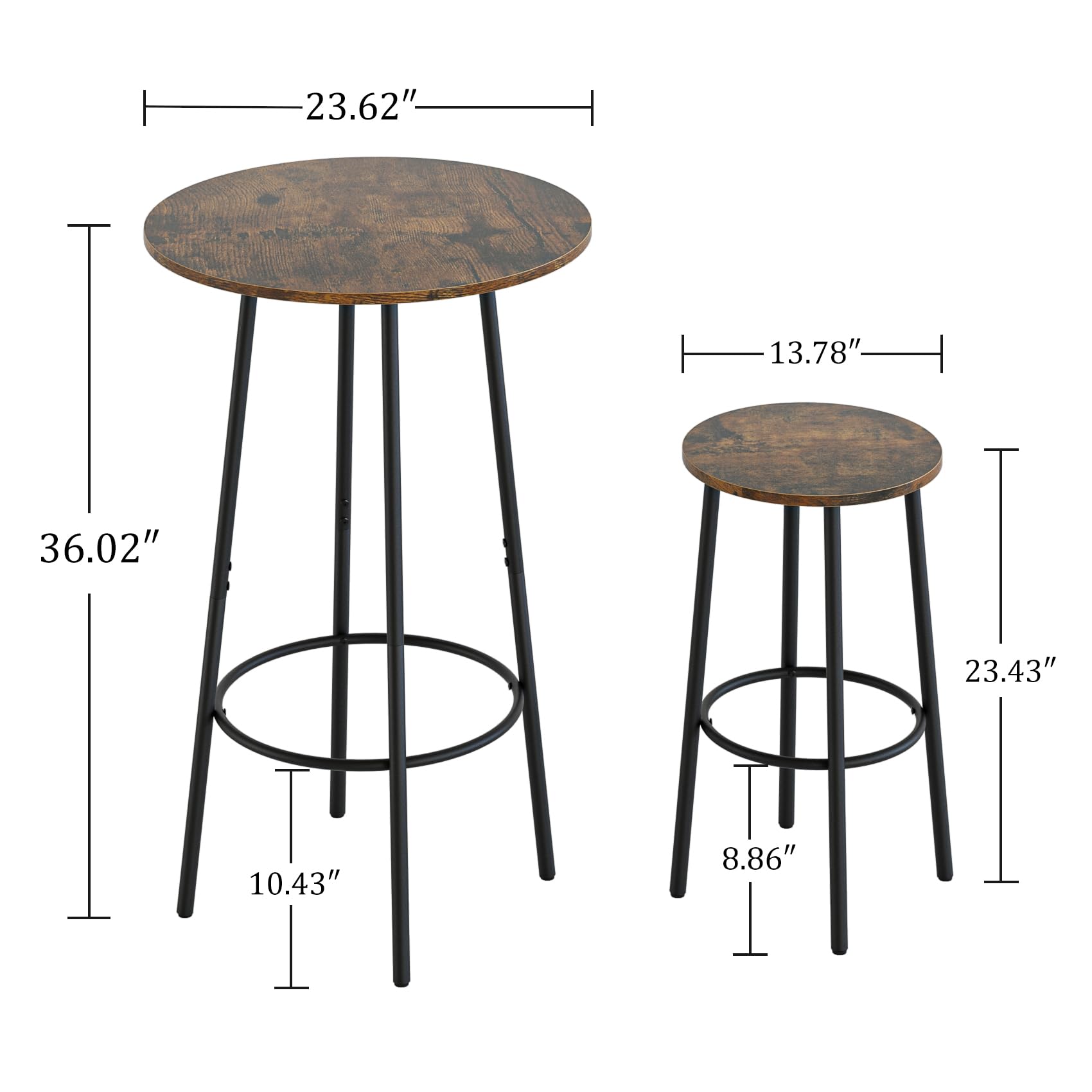 AEPOALUA 3 Piece Bar Table Set, Round Bar Table and Chairs Set of 2, Pub Dining Table Set Counter Height, Bar Stool Table for Breakfast Nook, Dinning Room, Living Room, Rustic Brown(23.6")