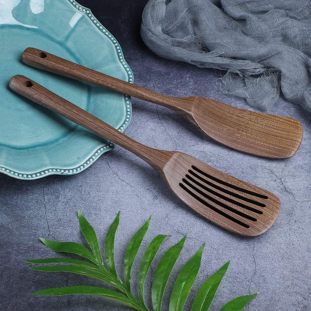 Wooden Spoons Spatula for Cooking，Walnut Wooden Kitchen Cooking Utensil Set 4 Pcs Cookware Household Shovel Spoon Fork Cooking Set Handmade Kitchen Tableware