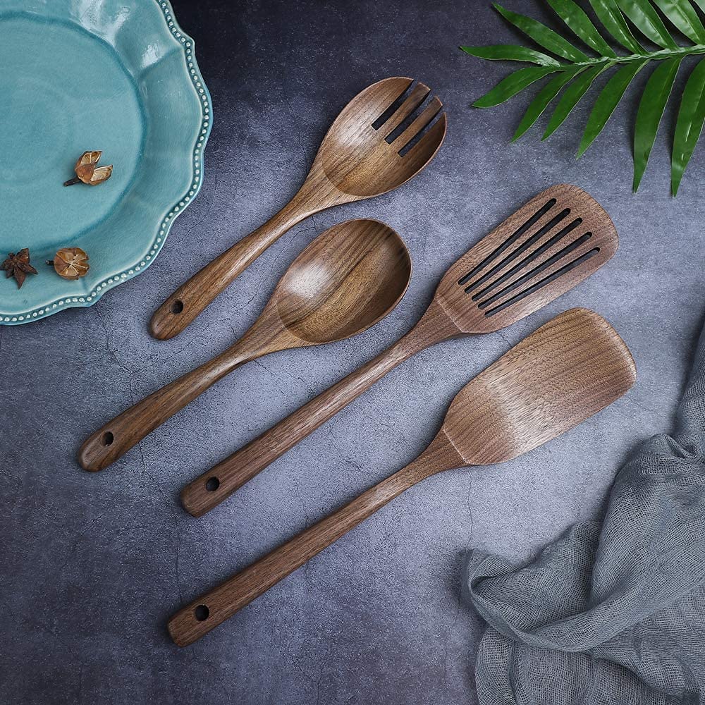 Wooden Spoons Spatula for Cooking，Walnut Wooden Kitchen Cooking Utensil Set 4 Pcs Cookware Household Shovel Spoon Fork Cooking Set Handmade Kitchen Tableware