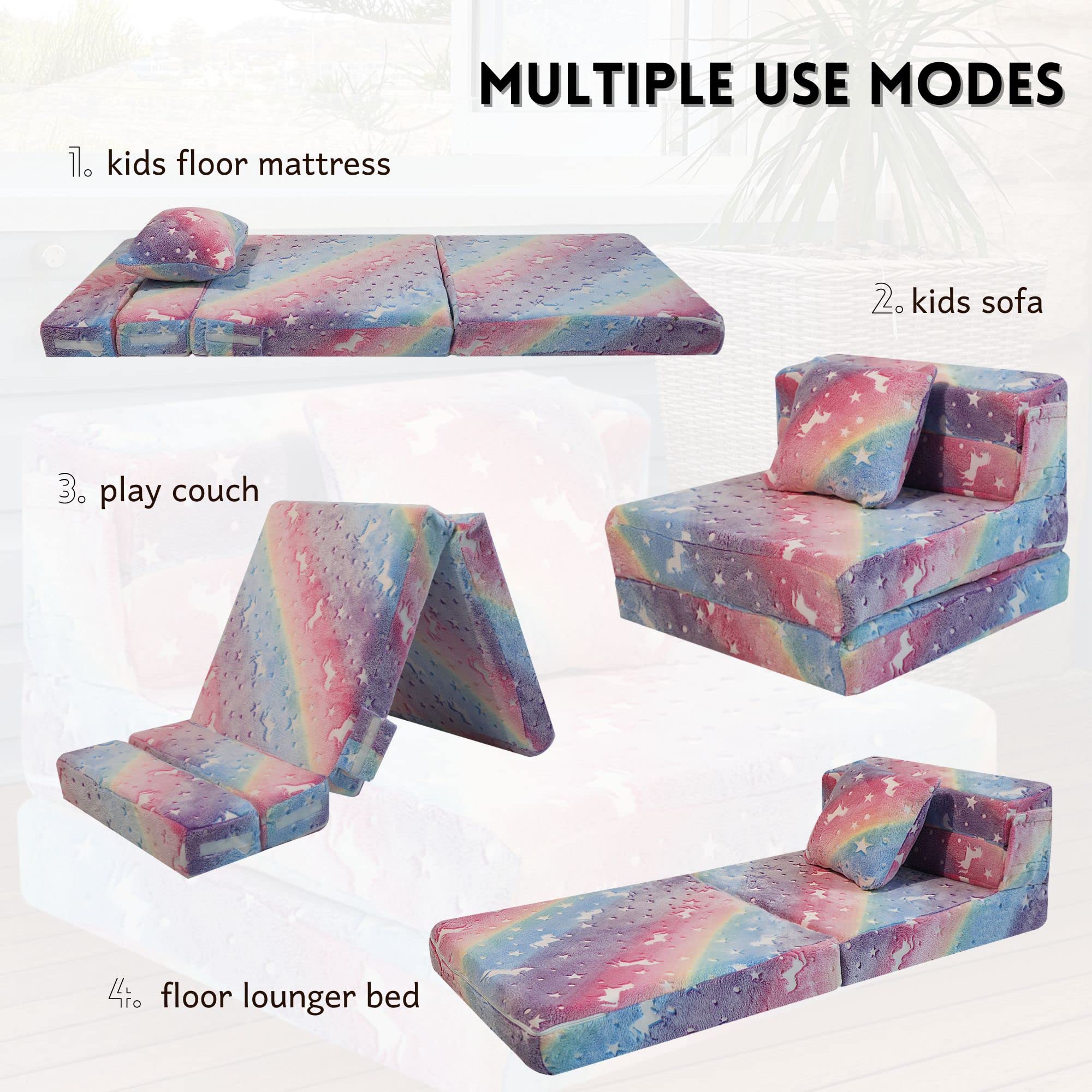 MeMoreCool Folding Sofa Bed Floor Mattress for Kids, Glow Tri Folding Mattress Kid Fold Up Sofa Futon Folding Chair Bed, Child Foldable Mattress Floor Bed Folding Couch Trifold Mattress for Playroom