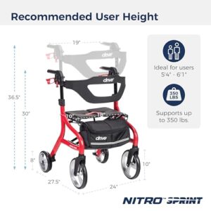 Drive Medical Nitro Sprint Foldable Rollator Walker with Seat, Standard Height Lightweight Rollator with Large Wheels, Folding Rolling Walker, Walker Rollator with Seat, Red