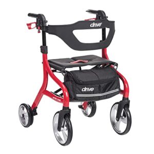 drive medical nitro sprint foldable rollator walker with seat, standard height lightweight rollator with large wheels, folding rolling walker, walker rollator with seat, red