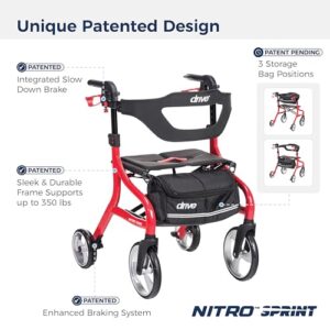 Drive Medical Nitro Sprint Foldable Rollator Walker with Seat, Standard Height Lightweight Rollator with Large Wheels, Folding Rolling Walker, Walker Rollator with Seat, Red