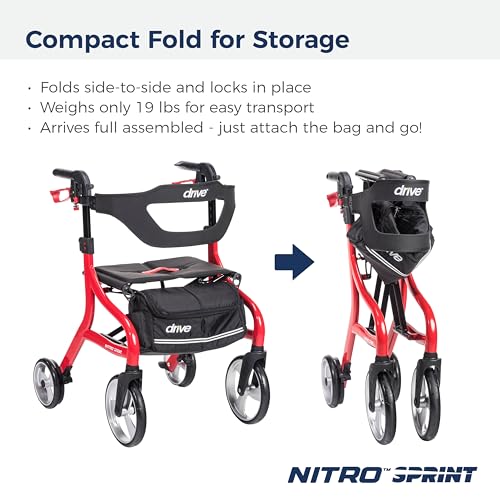 Drive Medical Nitro Sprint Foldable Rollator Walker with Seat, Standard Height Lightweight Rollator with Large Wheels, Folding Rolling Walker, Walker Rollator with Seat, Red