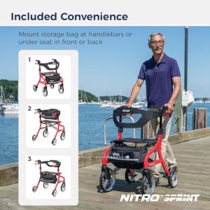 Drive Medical Nitro Sprint Foldable Rollator Walker with Seat, Standard Height Lightweight Rollator with Large Wheels, Folding Rolling Walker, Walker Rollator with Seat, Red