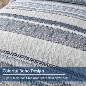 WONGS BEDDING Boho Quilt Set King Size, Light Blue Bohemian 3 Pieces Quilt Sets, Lightweight Summer Bedspread Coverlet Bedding Set for All Season (104"x90")