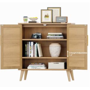 Rovaurx Rattan Storage Cabinet with Doors, Accent Bathroom Floor Cabinet, Modern Sideboard Buffet Cabinet for Living Room, Entryway, Dining Room and Kitchen, Natural BMGZ108M