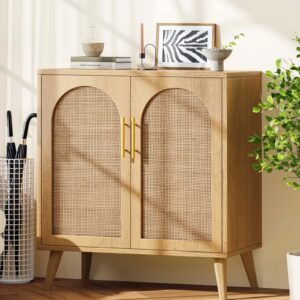 Rovaurx Rattan Storage Cabinet with Doors, Accent Bathroom Floor Cabinet, Modern Sideboard Buffet Cabinet for Living Room, Entryway, Dining Room and Kitchen, Natural BMGZ108M