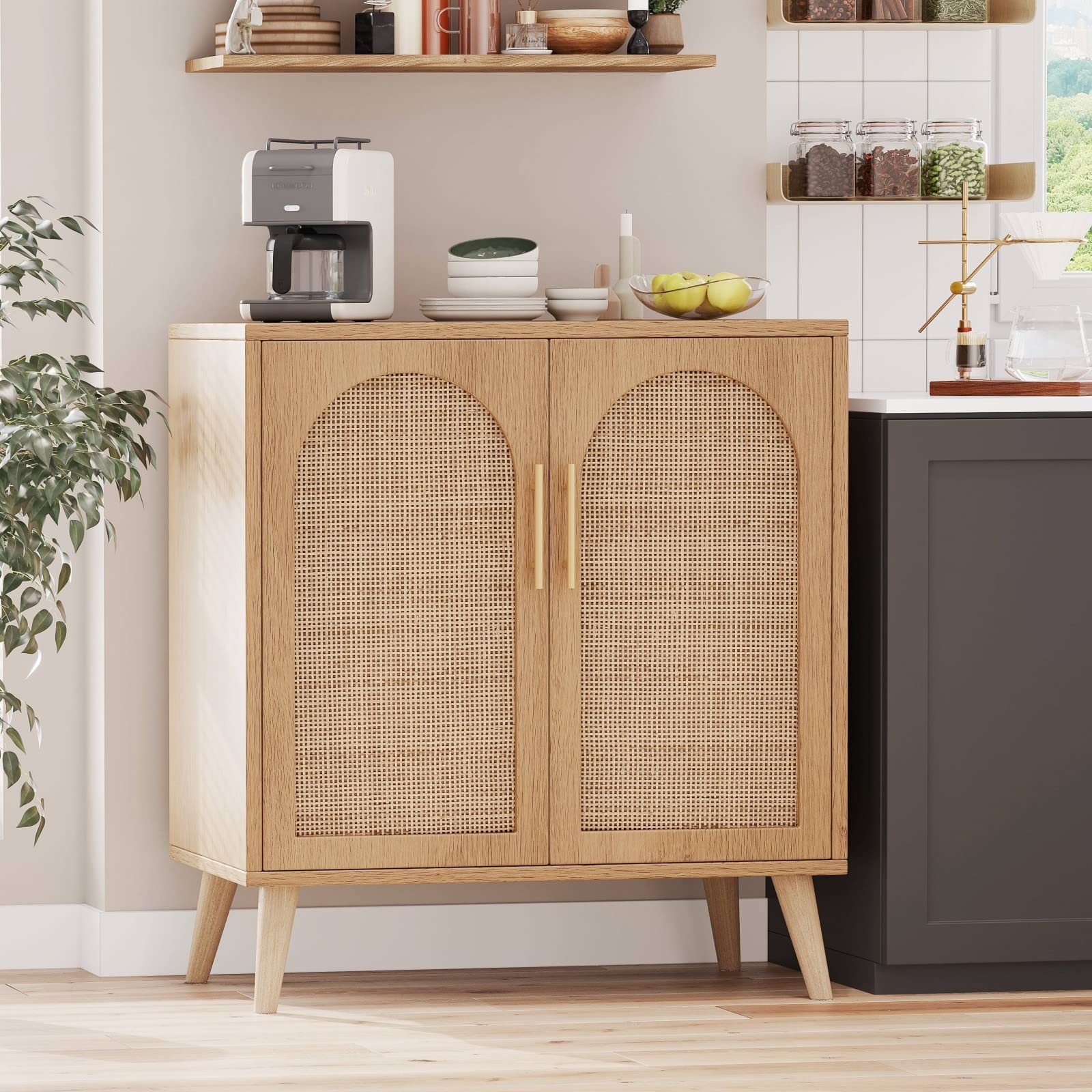 Rovaurx Rattan Storage Cabinet with Doors, Accent Bathroom Floor Cabinet, Modern Sideboard Buffet Cabinet for Living Room, Entryway, Dining Room and Kitchen, Natural BMGZ108M