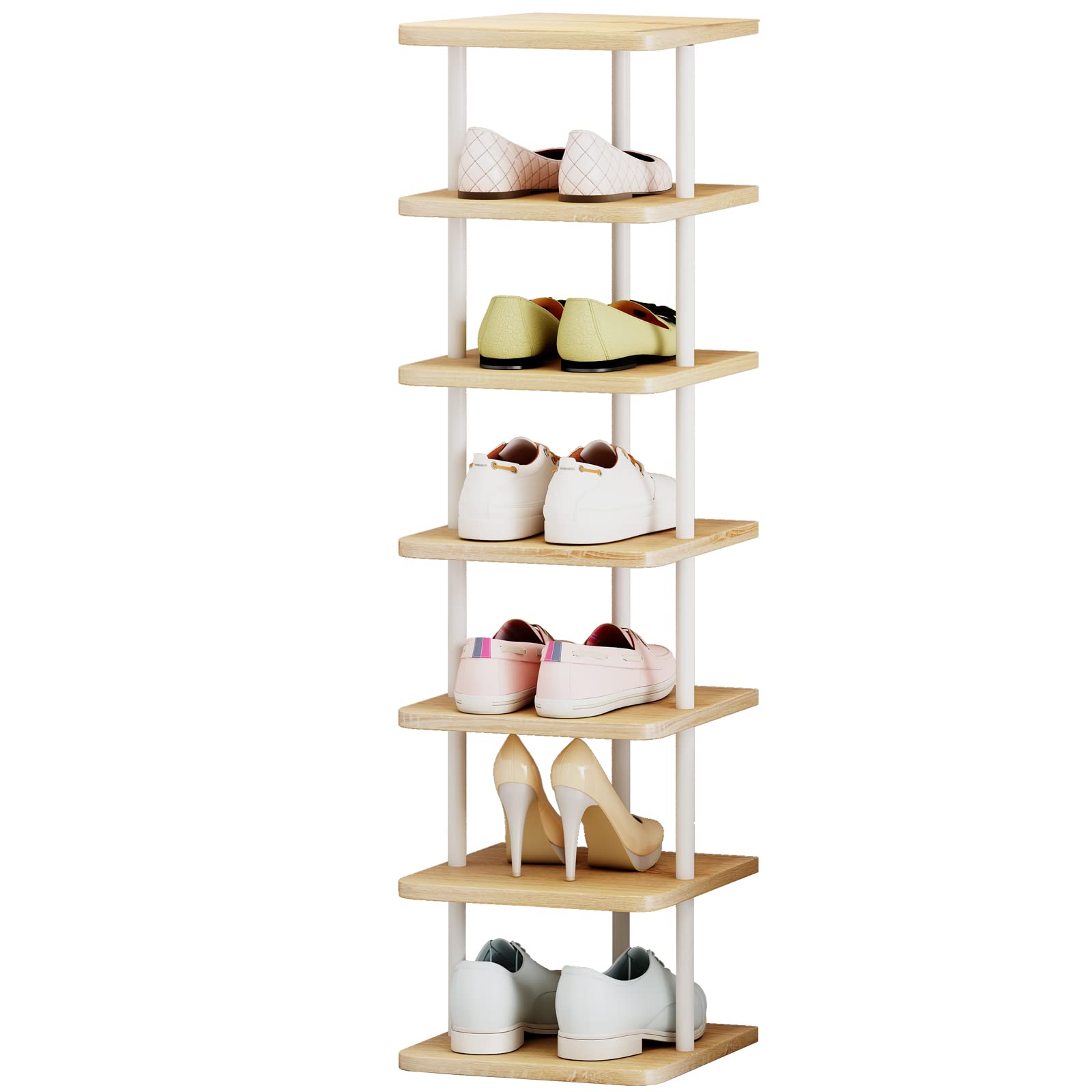 AZERPIAN Shoe Rack 7 Tier Vertical Storage Organizer Narrow Metal Slim Shelf Modern Free Standing Shoe Tower Saving Space for Closet Entryway Bedroom,White