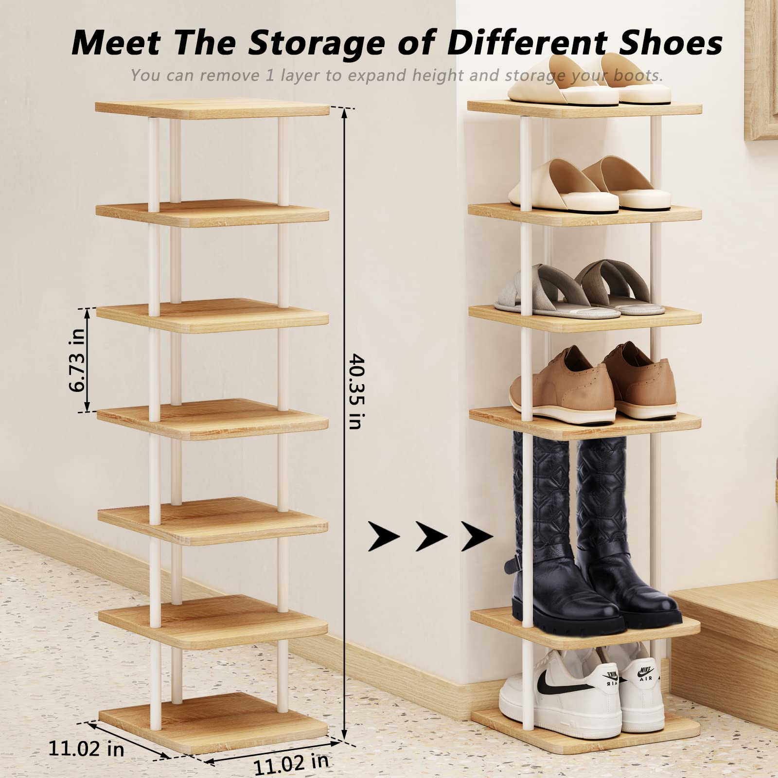 AZERPIAN Shoe Rack 7 Tier Vertical Storage Organizer Narrow Metal Slim Shelf Modern Free Standing Shoe Tower Saving Space for Closet Entryway Bedroom,White