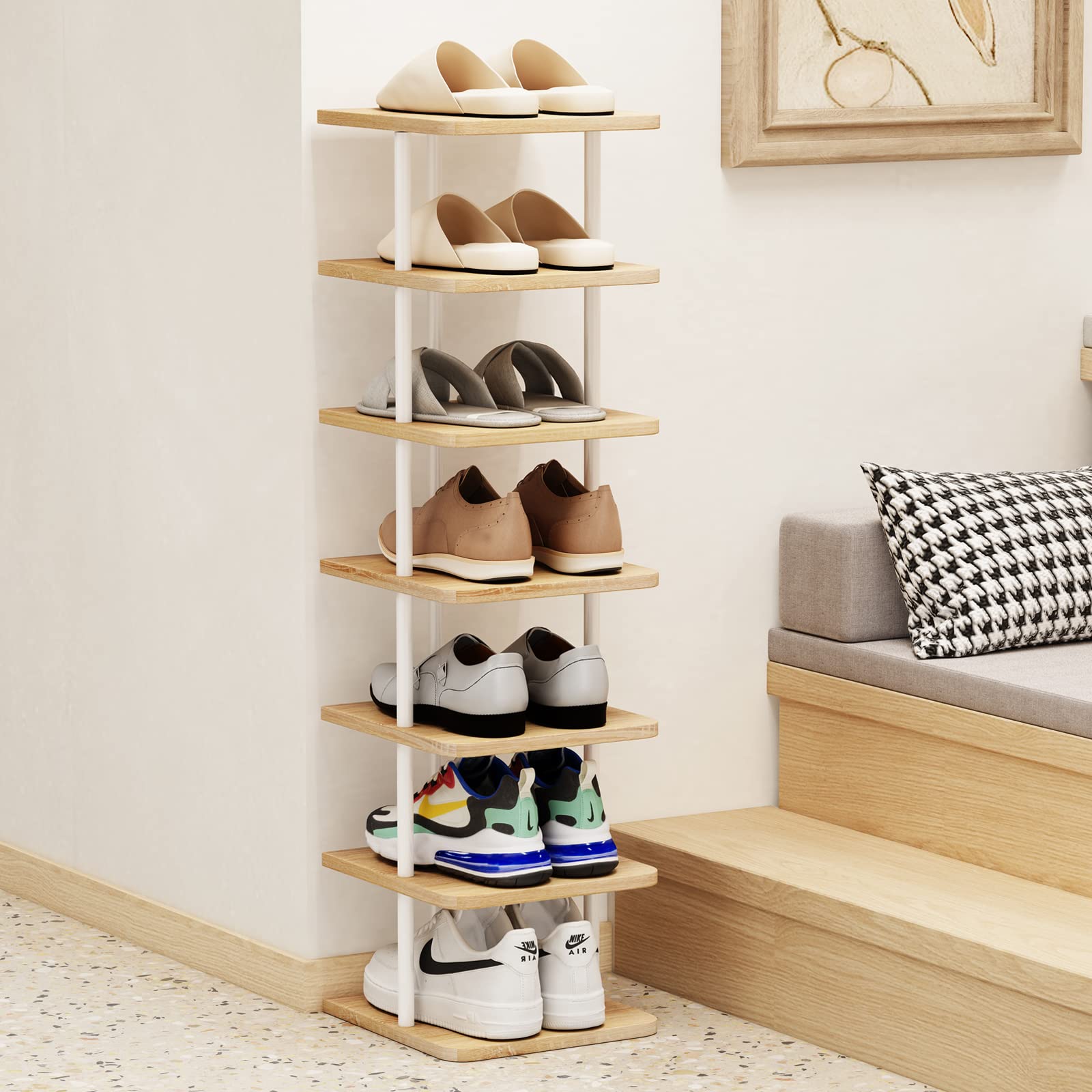 AZERPIAN Shoe Rack 7 Tier Vertical Storage Organizer Narrow Metal Slim Shelf Modern Free Standing Shoe Tower Saving Space for Closet Entryway Bedroom,White