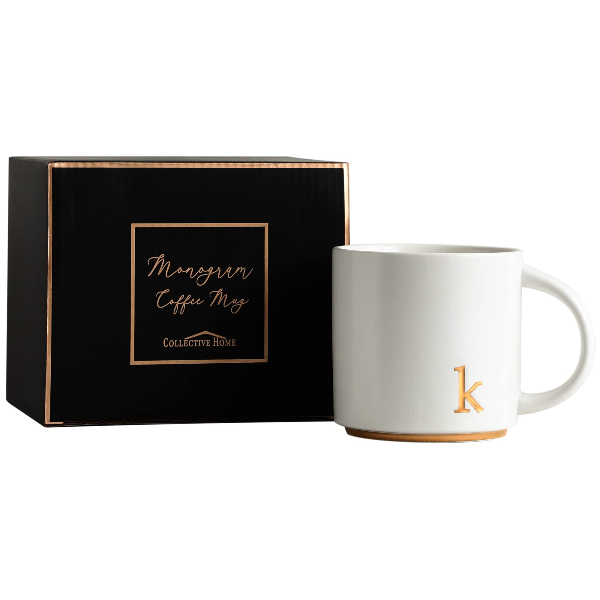 COLLECTIVE HOME - Monogram Ceramic Mugs, 15 oz Golden Initial Coffee Cups, Elegant Alphabet Tea Mugs, Elegant Personalized Mug with Gift Box, Luxurious Cups for Office and Home (k)