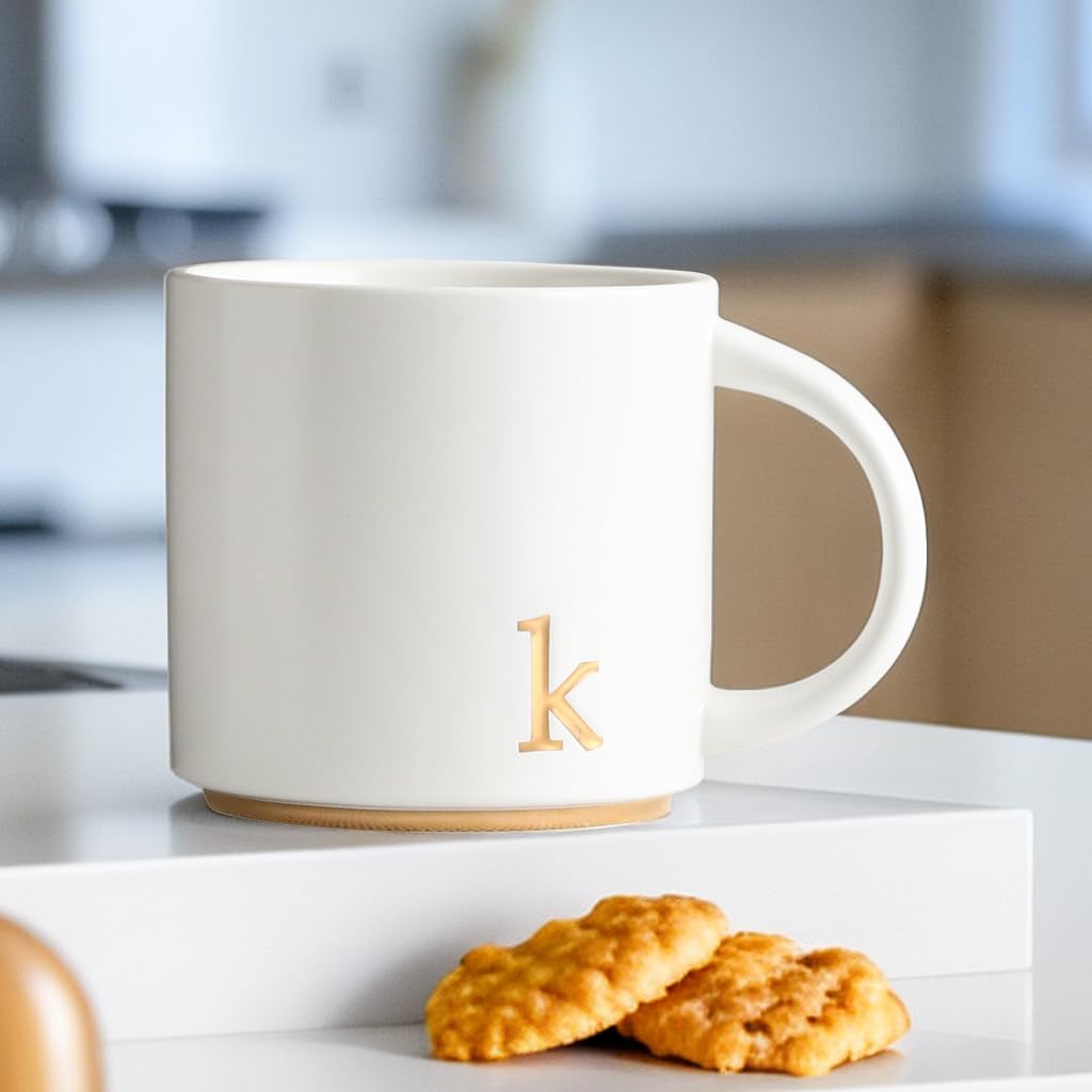 COLLECTIVE HOME - Monogram Ceramic Mugs, 15 oz Golden Initial Coffee Cups, Elegant Alphabet Tea Mugs, Elegant Personalized Mug with Gift Box, Luxurious Cups for Office and Home (k)