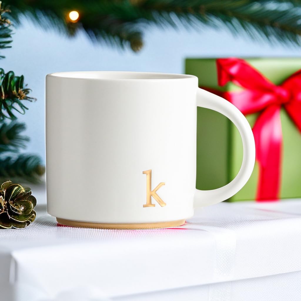 COLLECTIVE HOME - Monogram Ceramic Mugs, 15 oz Golden Initial Coffee Cups, Elegant Alphabet Tea Mugs, Elegant Personalized Mug with Gift Box, Luxurious Cups for Office and Home (k)