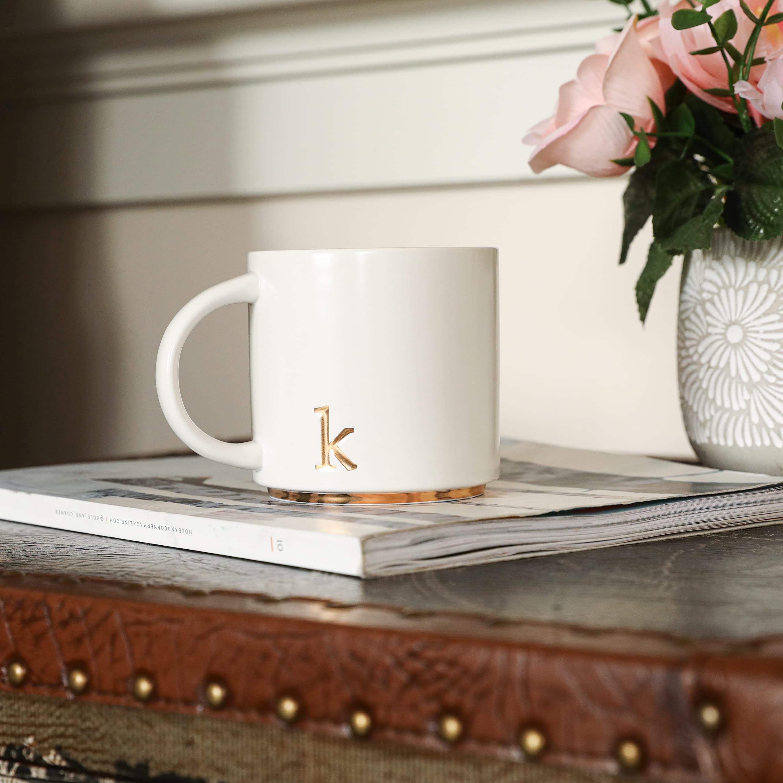 COLLECTIVE HOME - Monogram Ceramic Mugs, 15 oz Golden Initial Coffee Cups, Elegant Alphabet Tea Mugs, Elegant Personalized Mug with Gift Box, Luxurious Cups for Office and Home (k)