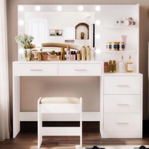 rovaurx 46.7" w makeup vanity set with lights and mirror, vanity desk with 5 drawers, 3 lighting colors, dressing table for bedroom, studio, white rszt106wd