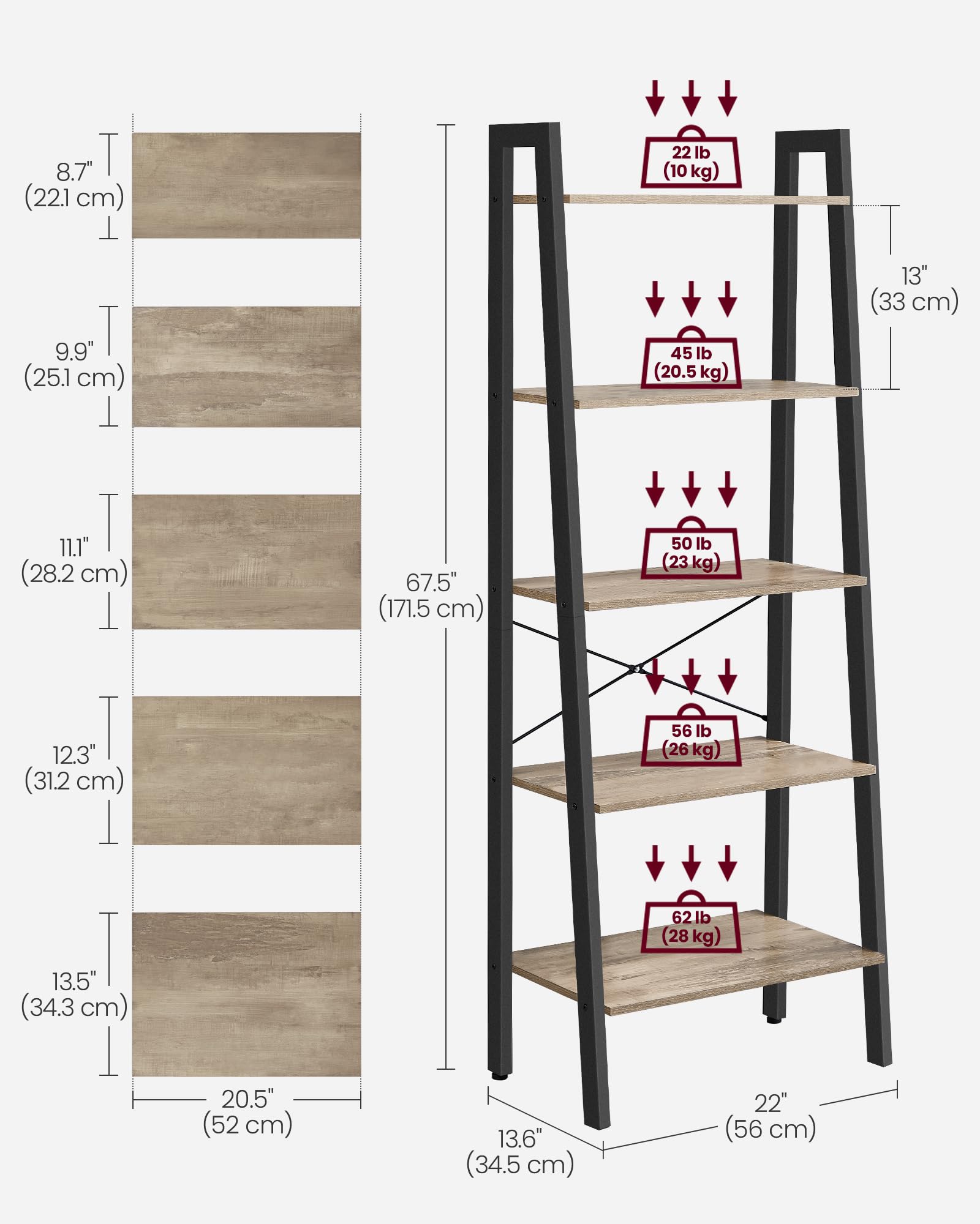 VASAGLE Ladder Shelf, 5-Tier Bookshelf, Storage Rack, Bookcase with Steel Frame, for Living Room Home Office, Kitchen, Bedroom, Industrial Style, Camel Brown + Black