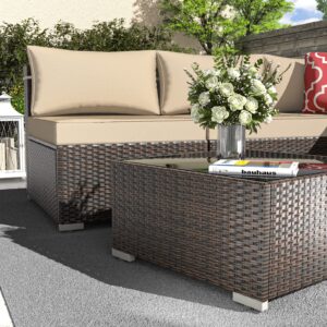 VONZOY Outdoor Patio Furniture Set 7 Pieces Sectional Rattan Sofa Set, PE Rattan Wicker Patio Conversation Set with 6 Seat Cushions and 1 Tempered Glass Table and Furniture Cover, Brown