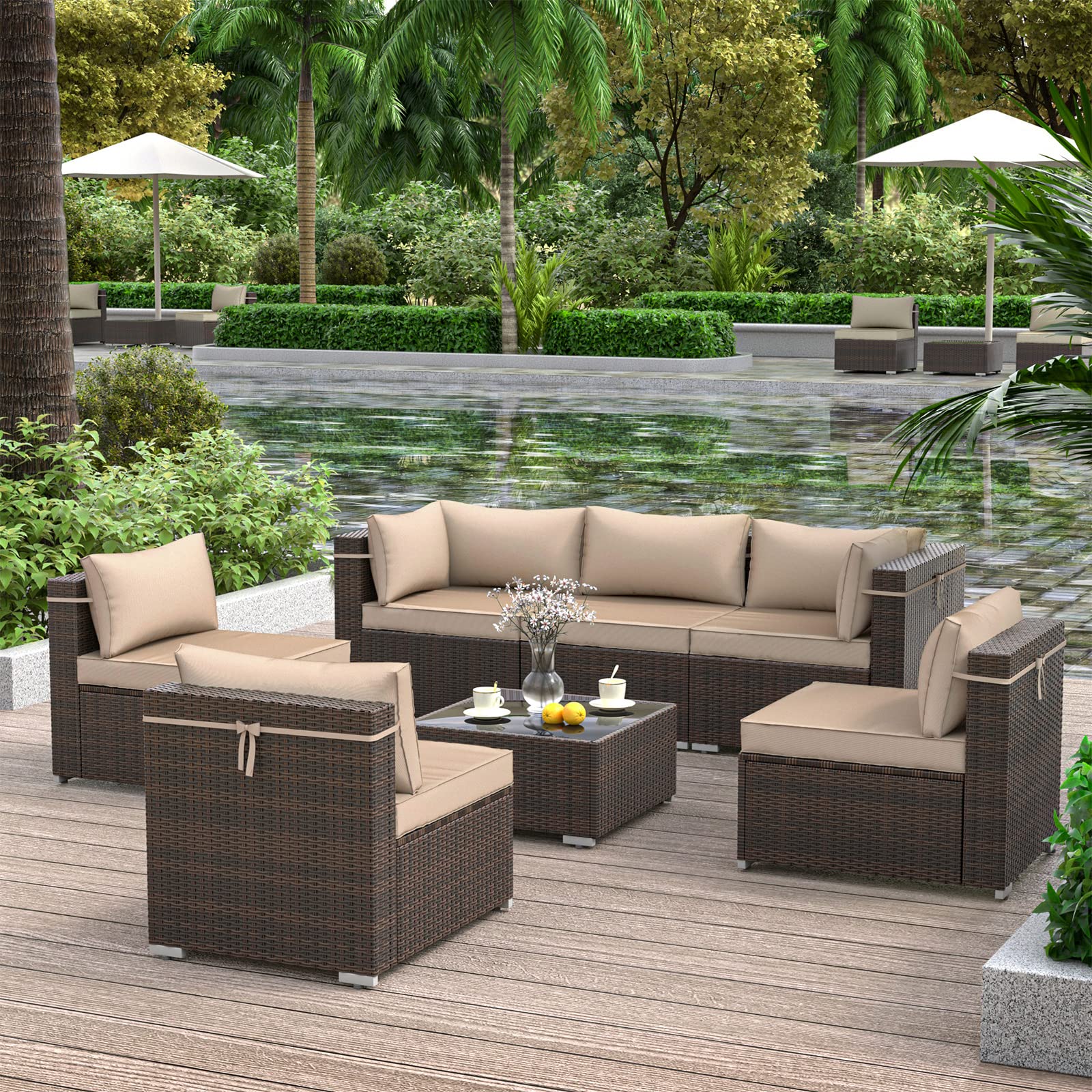 VONZOY Outdoor Patio Furniture Set 7 Pieces Sectional Rattan Sofa Set, PE Rattan Wicker Patio Conversation Set with 6 Seat Cushions and 1 Tempered Glass Table and Furniture Cover, Brown