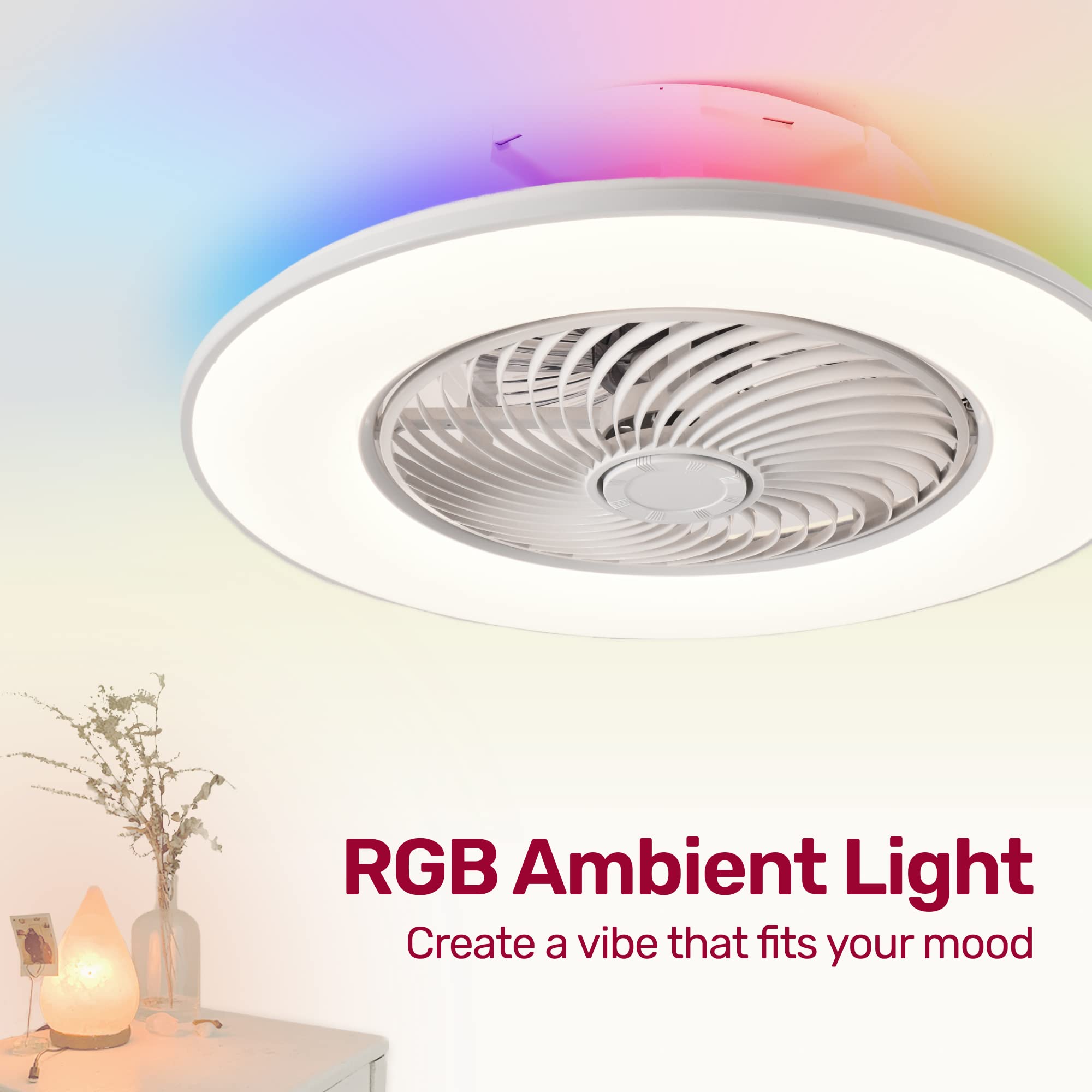 YANASO Hue Ceiling Fan - Bladeless Ceiling Fan with Lights with Alexa/Google Assistant/App Control Color Changing LED-RGB Back Ambient Light for Living Room Bedroom Kitchen,Low Profile(Black)