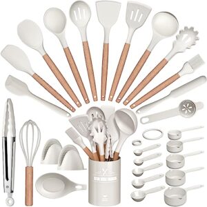 28 pcs silicone cooking utensils kitchen utensil set - 446°f heat resistant, turner tongs, spatula, spoon, brush, whisk, wooden handle, kitchen gadgets with holder for nonstick cookware (white)