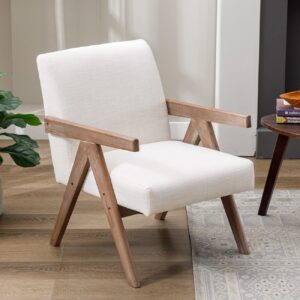 Kmax Beige Accent Chair Linen Fabric Mid Century Modern Living Room Chair Wood Frame for Guest Room Bedroom Reading Leisure Comfy