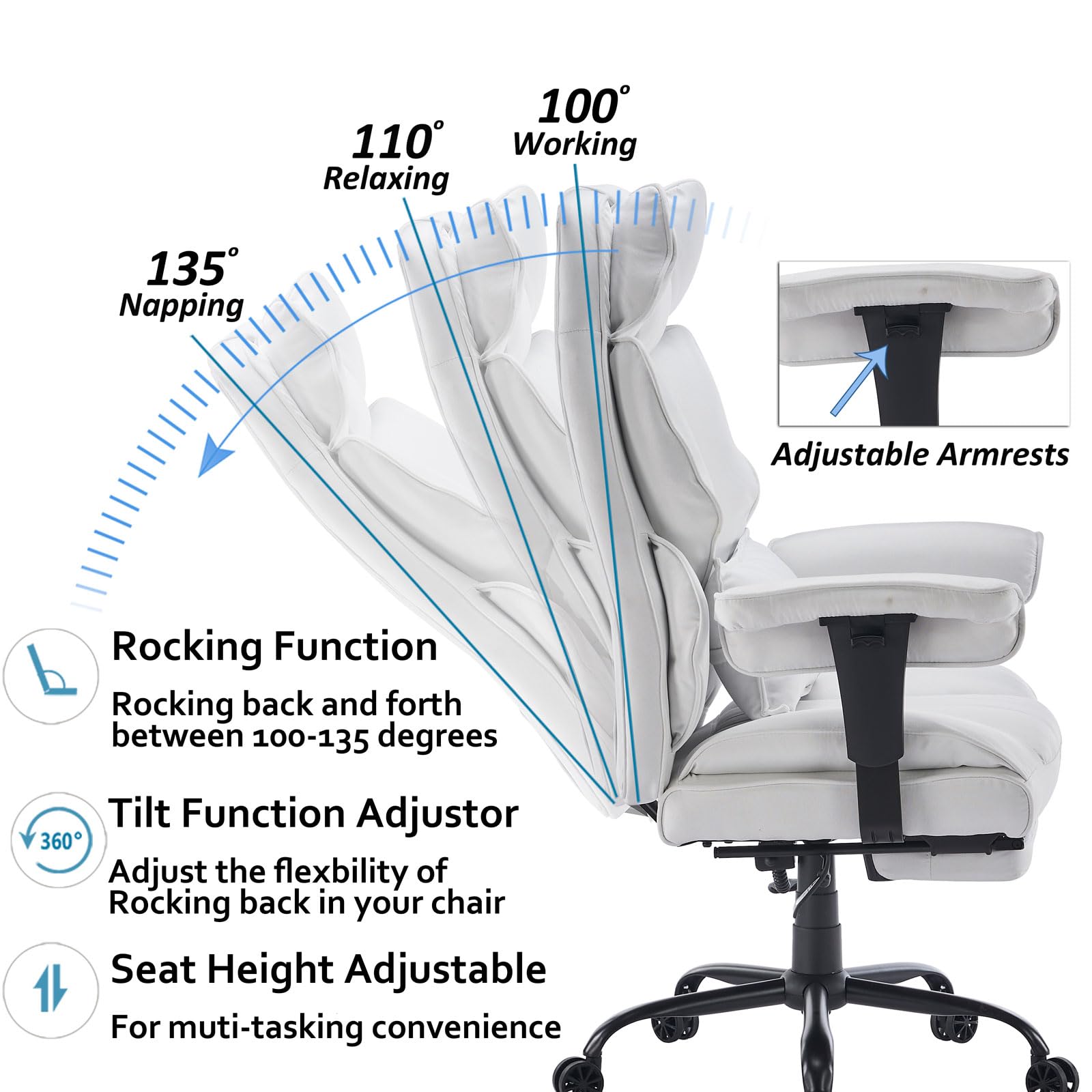 Efomao Fabric Office Chair, Big and Tall Office Chair 400 lb Weight Capacity, High Back Executive Office Chair with Foot Rest, Ergonomic Office Chair for Back Pain Relief, White