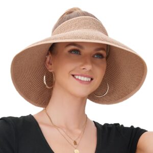 Women Sun Visors with Roll-Up Ponytail Packable Foldable Wide Brim Straw UV Protection Sun Beach Hats for Women Travel(Khaki)