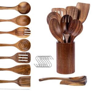 woodme wooden spoons for cooking 9pcs natural teak wooden kitchen utensils set wooden utensils for cooking wooden cooking utensils wooden spatulas for cooking (9pcs cooking spoon set)