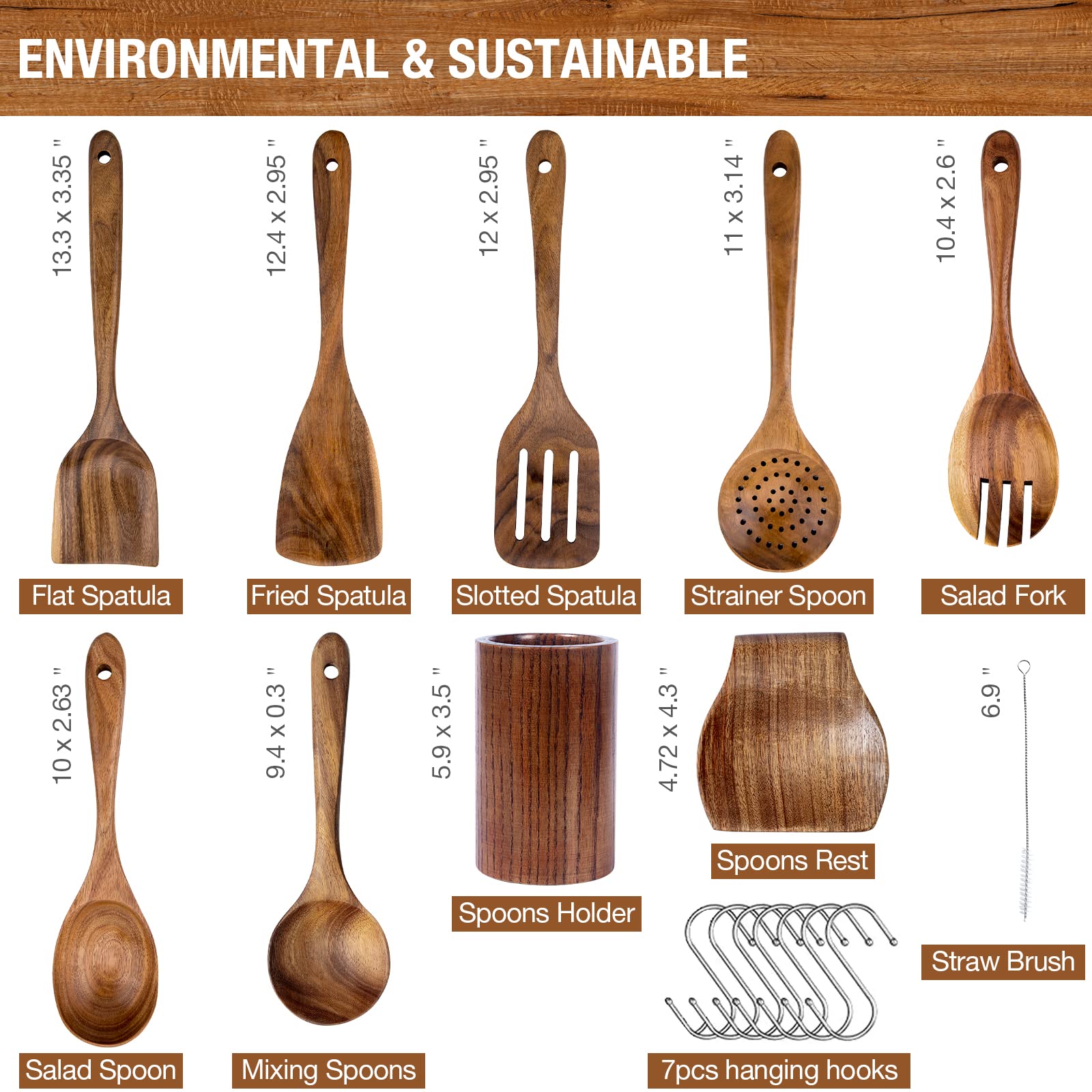 WOODme Wooden Spoons for Cooking 9pcs Natural Teak Wooden Kitchen Utensils Set Wooden Utensils for Cooking Wooden Cooking Utensils Wooden Spatulas for Cooking (9pcs Cooking Spoon Set)