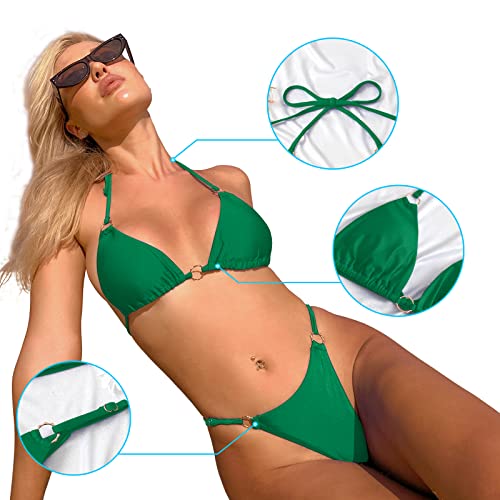 MIKETAI Sexy Bikinis for Women 2 Piece Bikini Spaghetti Strap Swimsuits Solid Color Bathing Swimwear Triangle Bathing Suit (Green M)